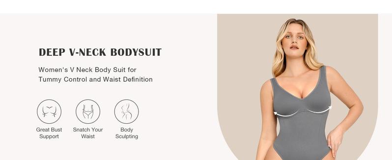 FeelinGirl  Womens Shapewear Bodysuit Tummy Control Body Shaper Slimming V Neck Thong Bodysuits Comfort Fabric Womenswear  Seamless