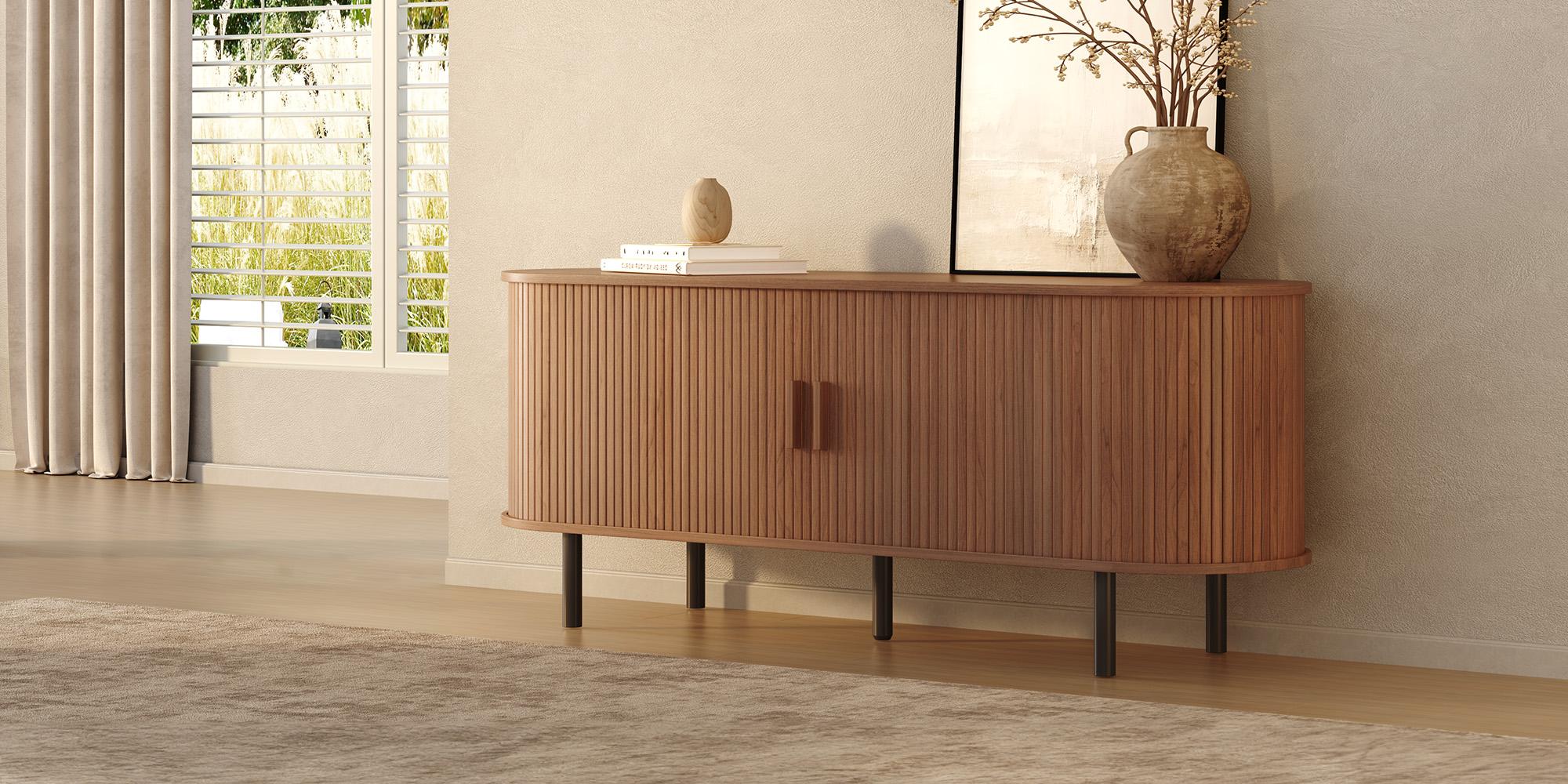 【Sliding Doors Design】ONBRILL 55" Gorgeous Fluted TV Stand for TVs up to 60 Inch, Modern Entertainment Center with Power Outlet & Adjustable Shelves Storage for Living Room, Media Console,Bedroom Furniture,Christmas Gift