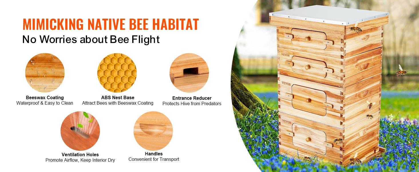 VEVOR Bee Hive 40 Frame Bee Hives Starter Kit,  Beeswax Coated Cedar Wood, 2 Deep + 2 Medium Bee Boxes Langstroth Beehive Kit, Transparent Acrylic Windows with Foundations for Beginners Pro Beekeepers