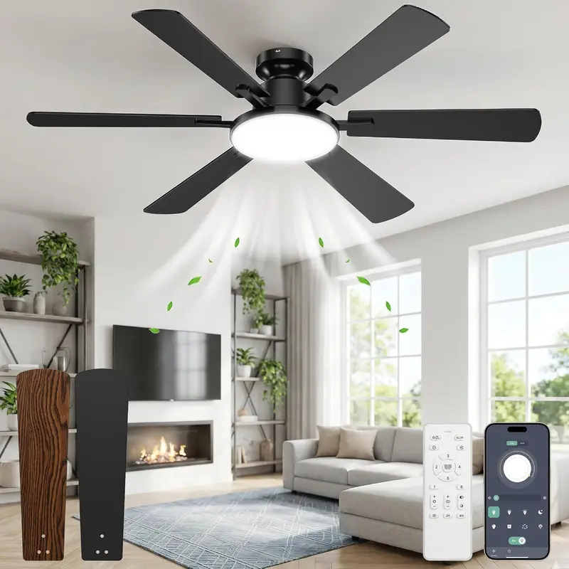 Eterfun 52-Inch Flush Mount Ceiling Fan-Light Fixture, Upgraded 6-Blade Quiet 6-Speed Reversible DC Motor, 3CCT Dimmable 2400lm 24W LED with 10–100% Dim Range, 120V Remote-Controlled Modern Double-Sided Decor, Timer+Memory Setting for Bedroom
