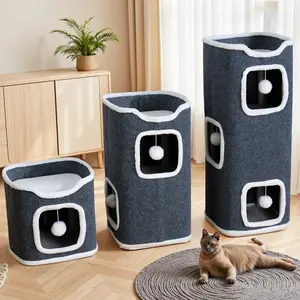 Multi-Level Vertical Cats Tower House for Indoor Cat Cave Bed with Hanging Toy Ball Space-Saving Cute Cat Condo Pets Furniture