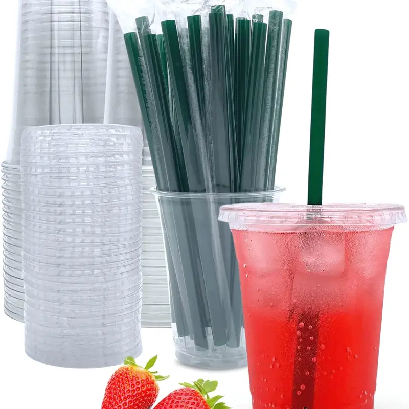 12oz Transparent Food-Grade Non-Toxic Sturdy Plastic Disposable Tableware Set (25 Sets) - Beverage Cups with Lids, Straws for Iced Coffee, Parties, Mess-Free Sipping, Smoothie Use, Party