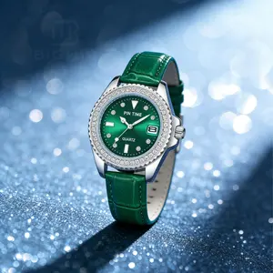 [Mother's Day Gift]Women's Watch Luxury Crystal Diamond Bezel Emerald Green Leather Strap Quartz Analog Wristwatch with Luminous Hands Date Window Waterproof Ladies Dress Watches Gift