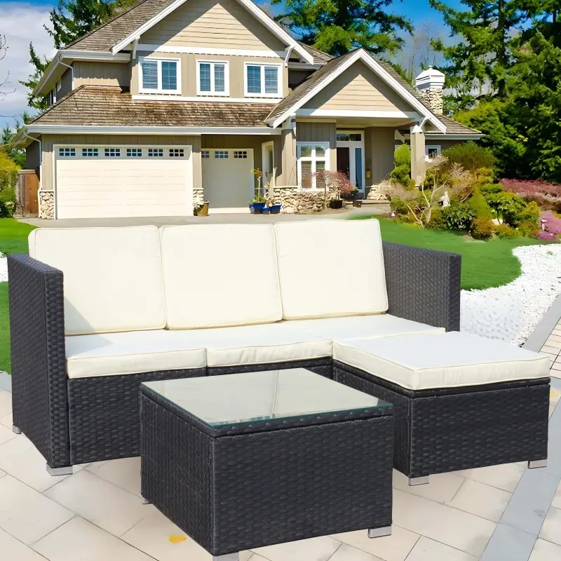 5-Piece Patio Furniture Set, All-Weather Wicker Outdoor Sectional Sofa with Coffee Table and Ottoman, Patio Conversation Set for Deck, Backyard, Porch ( Beige Cushion)