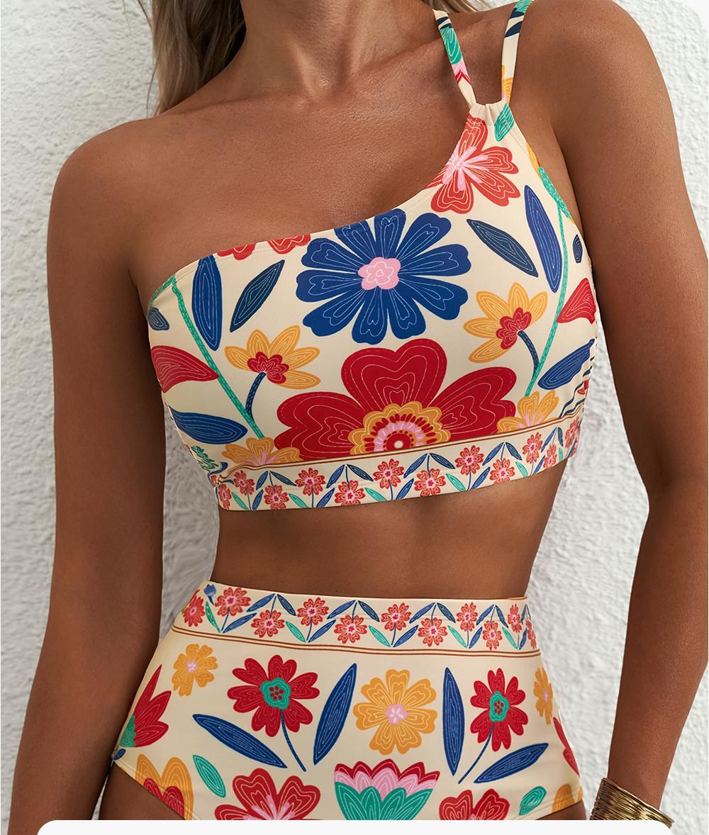Aleumdr Women's High Waisted Bikini Sets One Shoulder Floral Print Swimsuits 2 Piece Tummy Control Bathing Suits SpringStatements