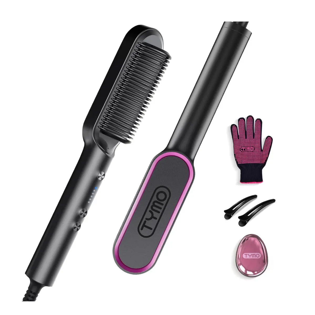 TYMO Ring Hair Straightener Brush for Women - 5 Temp Levels, 20s Fast Heating, Dual Voltage, Auto Off Safe, Frizz-Free, Heat Resistant, Black, Straightening