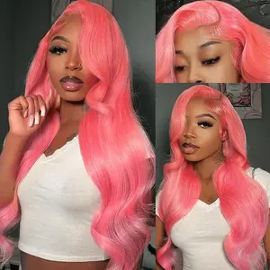 Pink Lace Front Wig Human Hair Body Wave 30 Inch Hot Pink 180% Density HD Transparent Lace Frontal Glueless for Women Natural Look Seamless Hairline Vibrant Style & Color