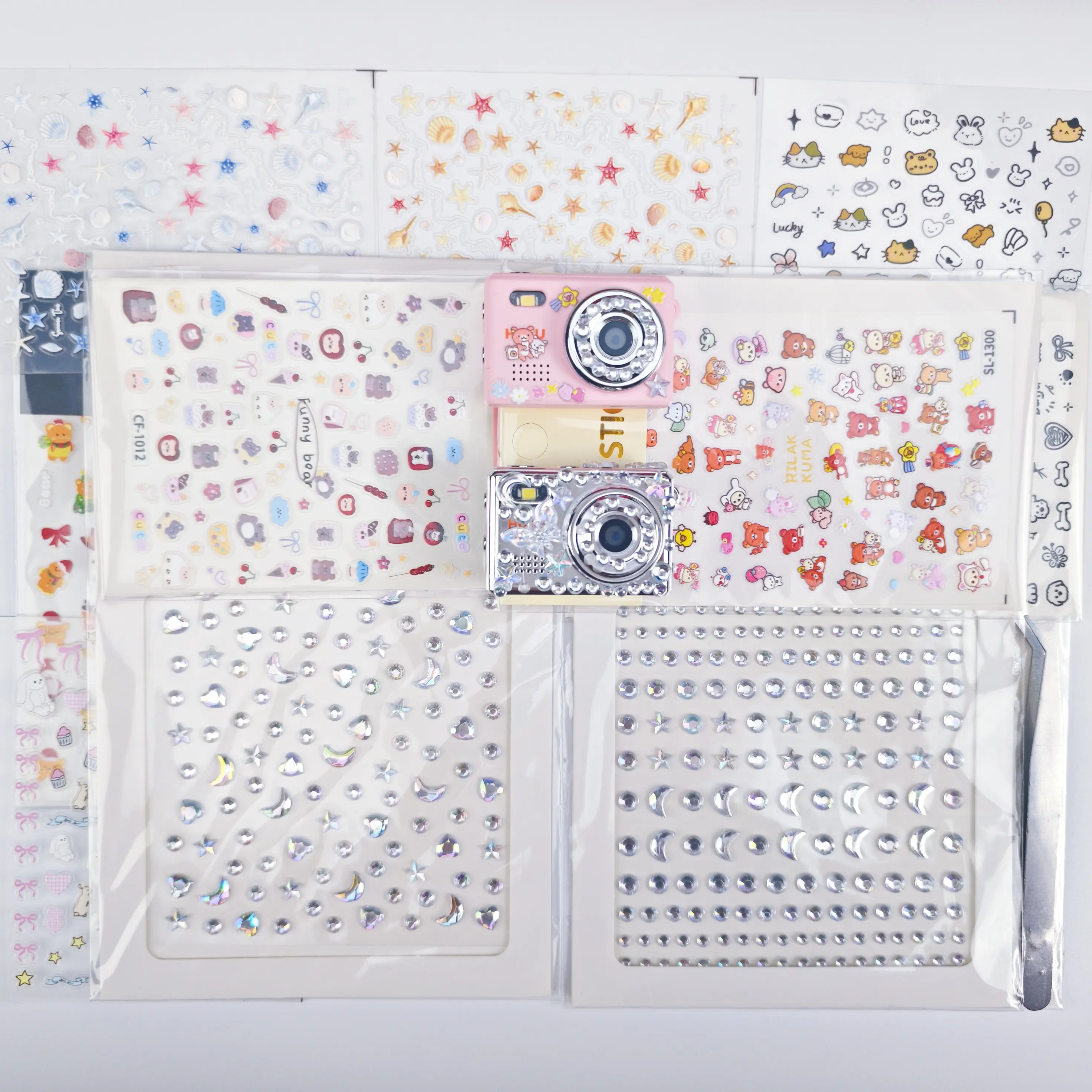 11Pcs Cartoon 3D Embossed & Rhinestone Shiny Stickers with Stainless Steel Curved Tweezers - Easy DIY for Beginners Camera Decoration Kit, Peel Place and Enjoy Simple DIY, Cartoon Stickers