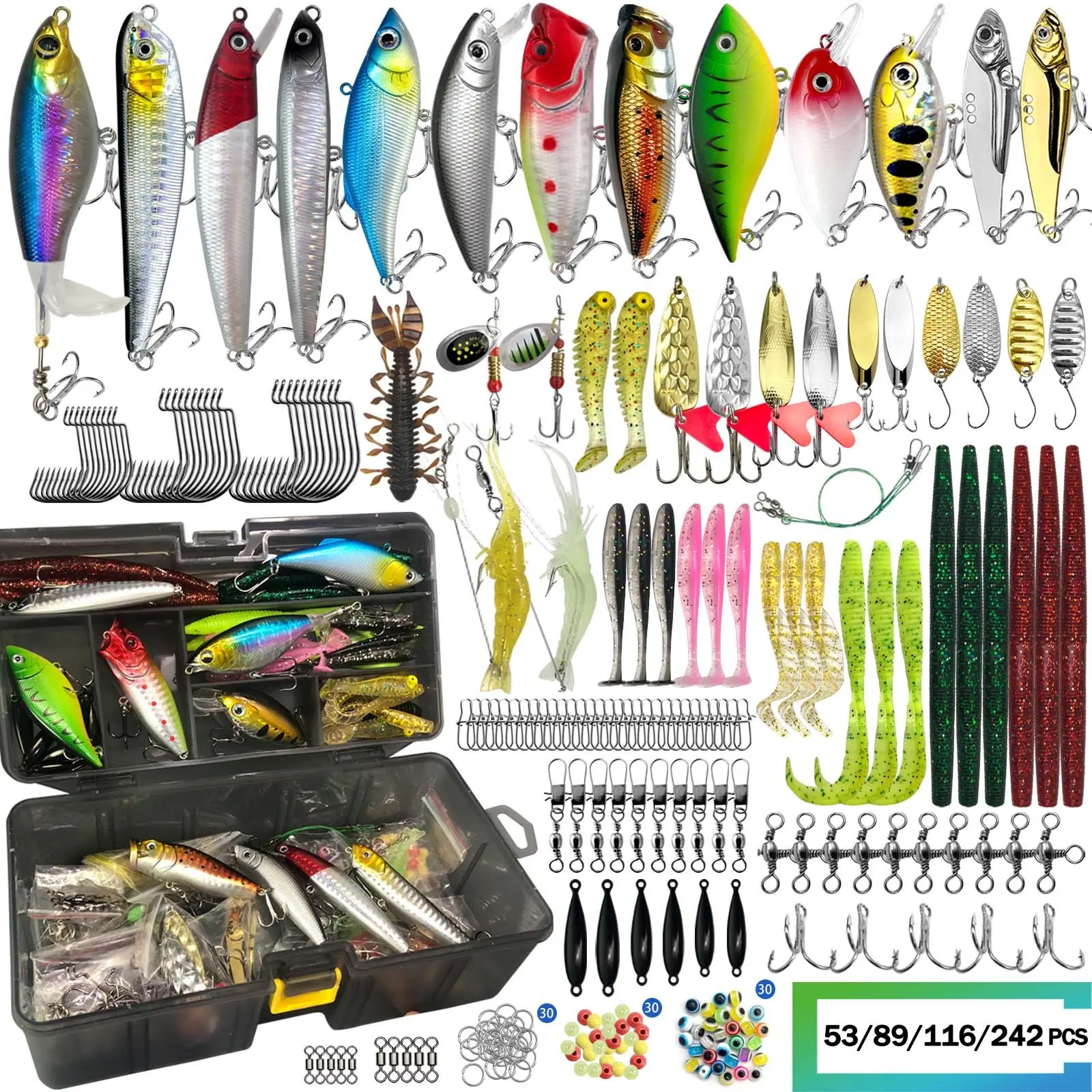 53/89/116/242 pcs Fishing Lure Set, Artificial Lures, Assorted Hard and Soft Baits, Topwater and Spoon Lures with Hooks and Tackle Box, Fishing Gear and Equipment Kit, Gift for Fishermen, Fishing Combo