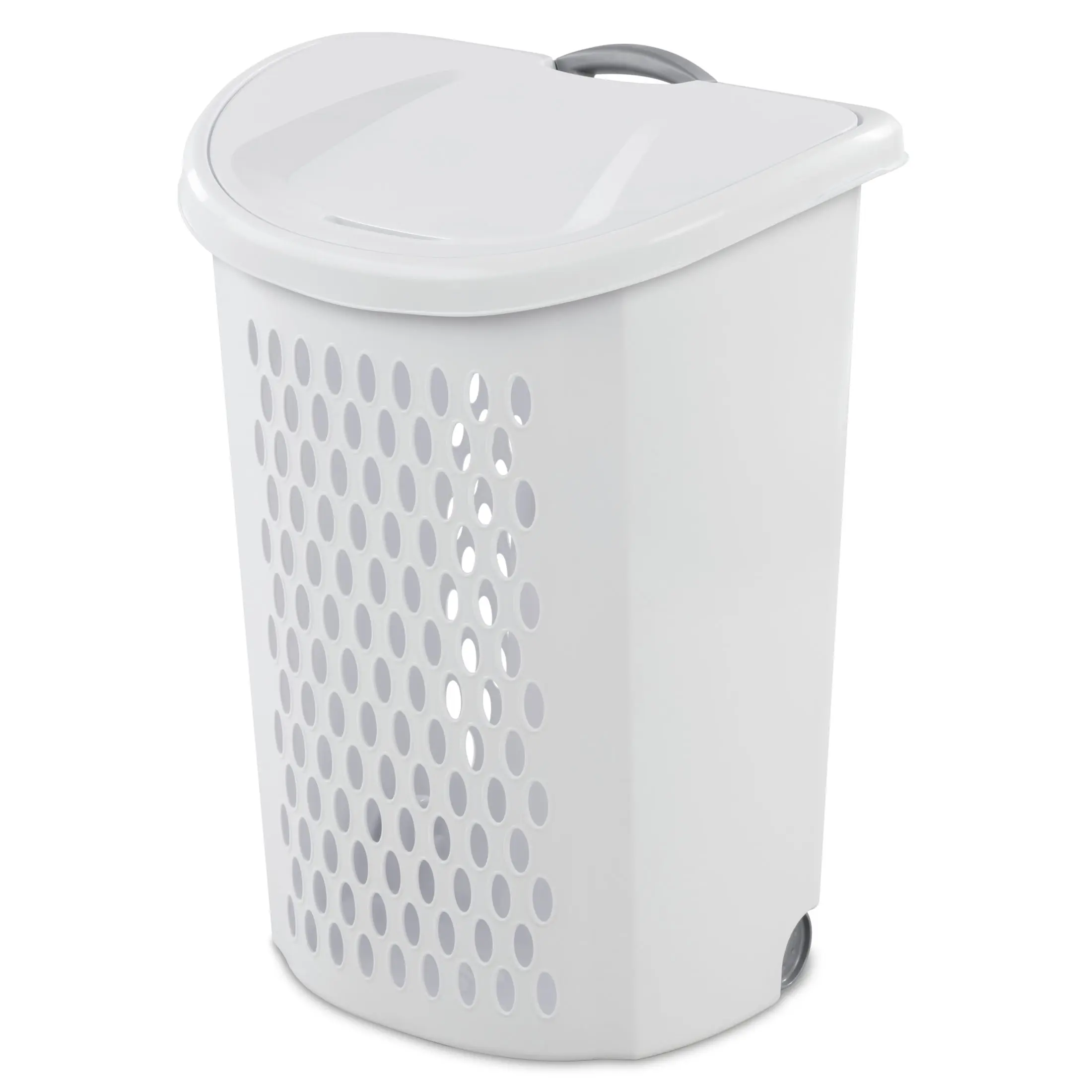 2-Bushel Functional Plastic Portable Wheeled Laundry Basket with Lid, Retractable Handle, Oval Holes, Laundry Basket on Wheels for Apartment Use