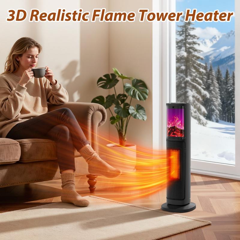 Portable Tower Electric Indoor Fireplace Heater with 3D Realistic Flame, 70° Oscillation for Bedroom, Living Room, Homeowners & Office Workers