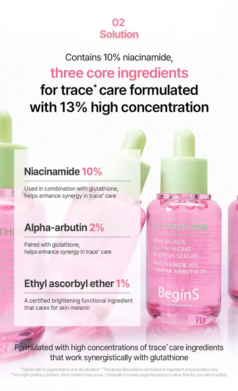 [BeginS by JUNGSAEMMOOL] Pink Guava Glutathione Blemish Serum | Korean Facial Serum | 10% Niacinamide, Vitamin C-rich Jeju Guava for Dark Spot Care and Radiant Glass Skin (1.01 Fl Oz)