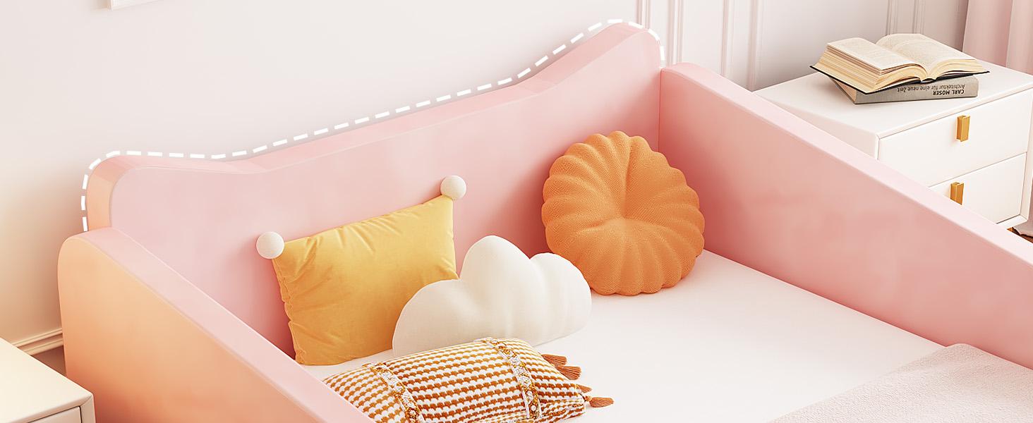 JOYMOR Toddler Bed, Floor Bed with Safety Guadrail, Montessori Toddler Bed with Animal Ear Shapes, Soft Velvet Wood Bed for Infant, Kids, Mattress not Included