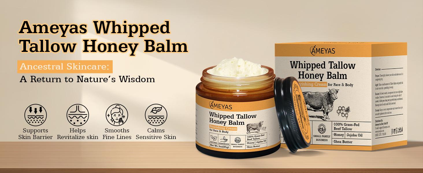 Whipped Organic Grass-Fed Beef Tallow Honey Balm – Handmade Moisturizer with Shea, Calendula & Jojoba for Soft, Healthy Skin