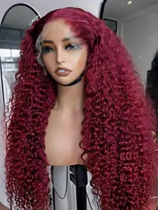 30 Inch Burgundy Wig Human Hair 99j Curly Human Hair Wig 13x4 Deep Wave Lace Front Wigs Human Hair Red Wine Transparent HD Lace Frontal Wig Pre Plucked Curly Human Hair Wig