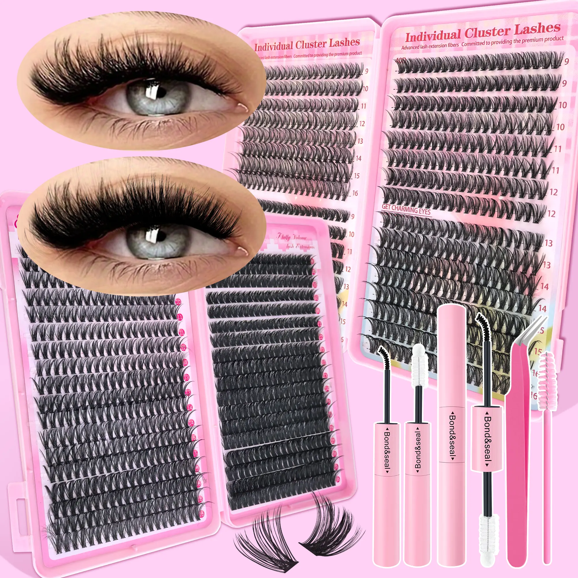 720Pcs Synthetic Fiber Natural Lash Clusters Kit - 40D-80D 3D Fluffy C&D Curls, 9-16mm Extensions, Bond & Seal Glue, Tweezer, Brush, Waterproof Reusable, Daily Manga Styles for Salon DIY Makeup Set