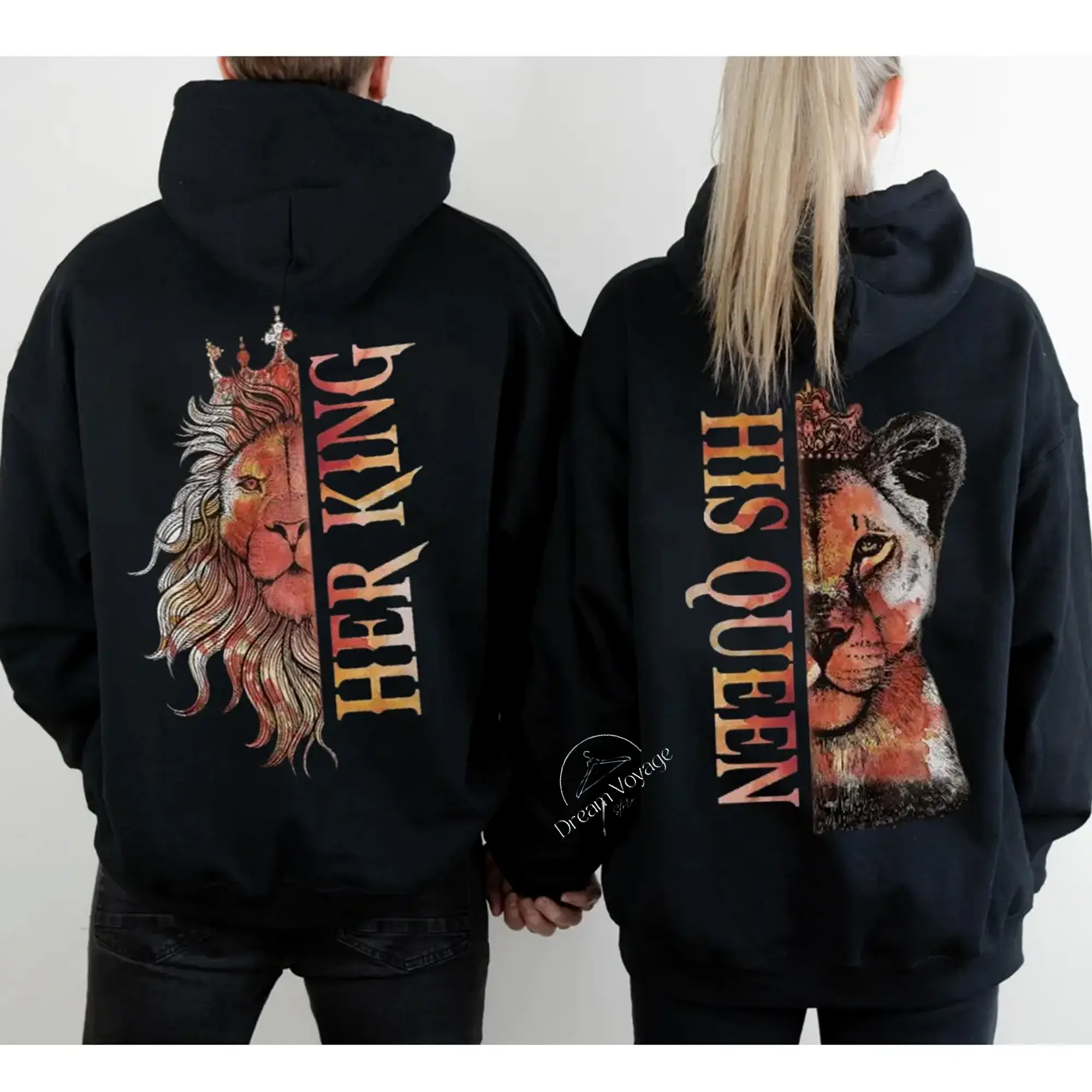 Women's Classic Seamless Couple Matching Hoodie Set - Lion His Queen Her King Graphic, Stylish Fleece Fabric Pullover with Pockets, Long-Sleeve Spandex Tops, Sweet Gift for Partners, Ideal for Party, Thanksgiving, Chinese New Year