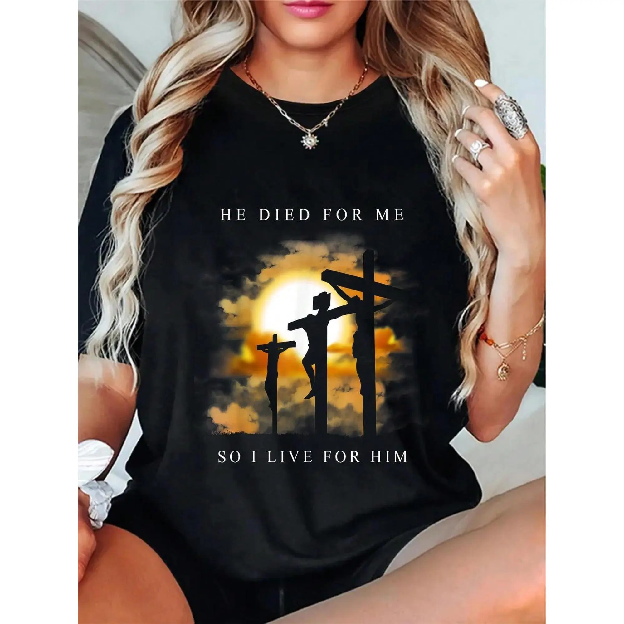 Men's 100% Cotton Stretch Crew Neck Tshirt - Short Sleeve, 180gsm Soft, "Jesus Died for Me" Bible Verse Letters, Cross & Sunset Design, Nontransparent, Machine Washable All Seasons Christian Sports Top