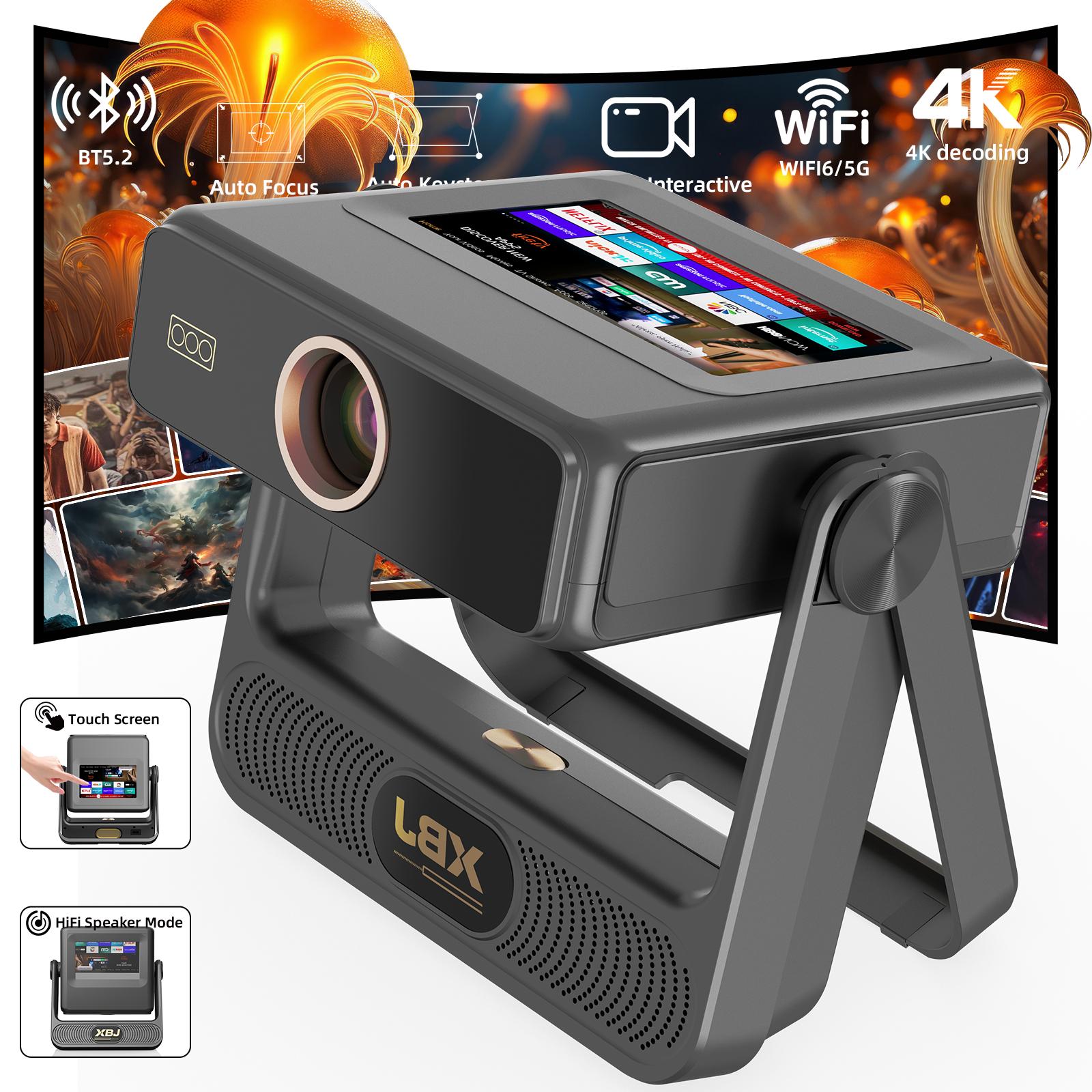 A5PRO Touch Screen ProjectorSupports 4K,800 ANSl Lumens with Auto Focusand Keystone Correction 3D DolbyAudio, WiFi 6and Bluetooth 5.0 for Home Theater, Gaming,Outdoor Camping (HDMI/USB-C). rotation stand, mini projector