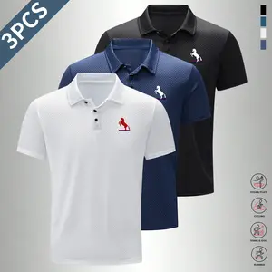 Pack of 3, new ice silk fabric tops, men's ice silk fabric printed shirts, Great Wall plaid pleated craftsmanship men's high-end summer sports and leisure tops | Short-sleeved solid color T-shirts, half-sleeved multi-functional golf, fishing