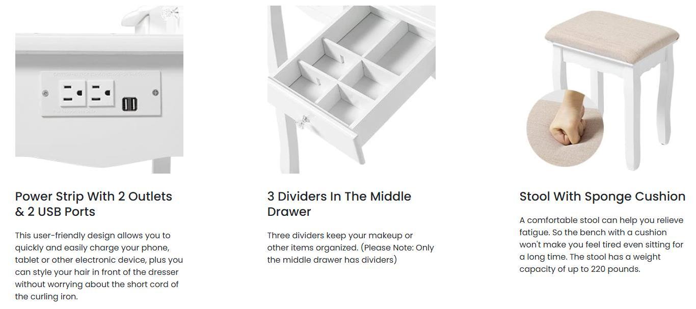 Sikaic Small Size Makeup Vanity Set with LED Mirror Cushioned Stool and Chair Set Bedroom White