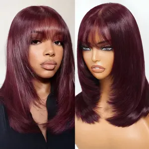 Unice Black Cherry Layered Bob Wig with Face Framing Bangs 7x5 Bye Bye Knots Lace Wig with Drawstring Glueless Human Hair Wigs
