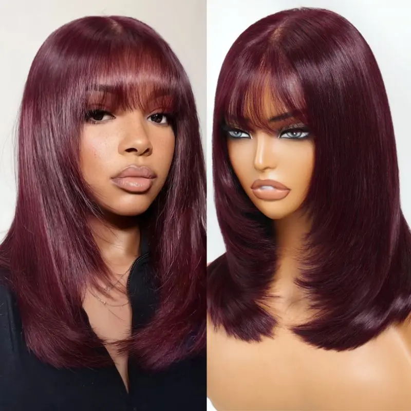 Unice Black Cherry Layered Bob Wig with Face Framing Bangs 7x5 Bye Bye Knots Lace Wig with Drawstring Glueless Human Hair Wigs