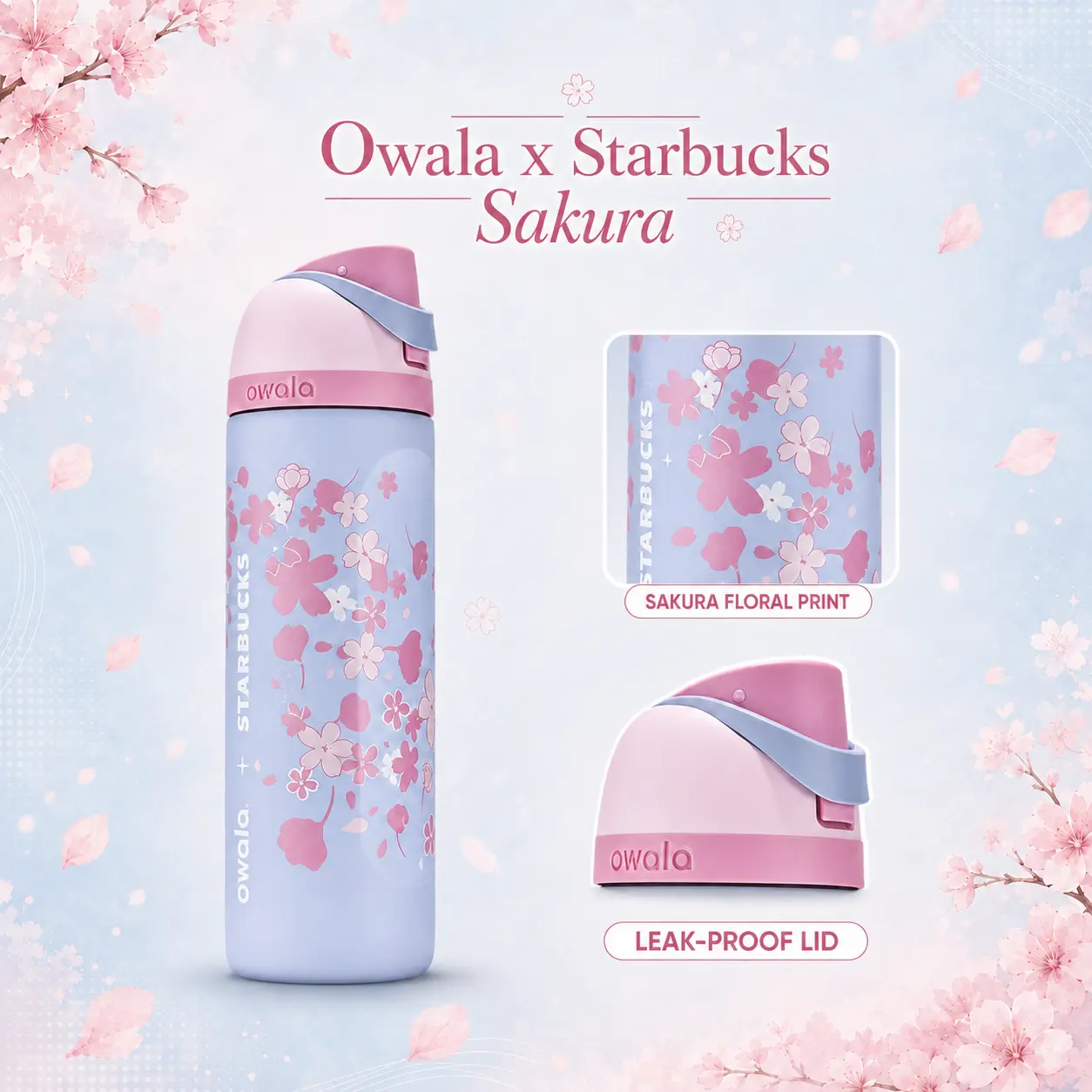 Owala Starbucks Sakura 24oz FreeSip Water Bottle – Cherry Blossom Limited Edition Insulated Stainless Steel Leak Resistant Travel Bottle