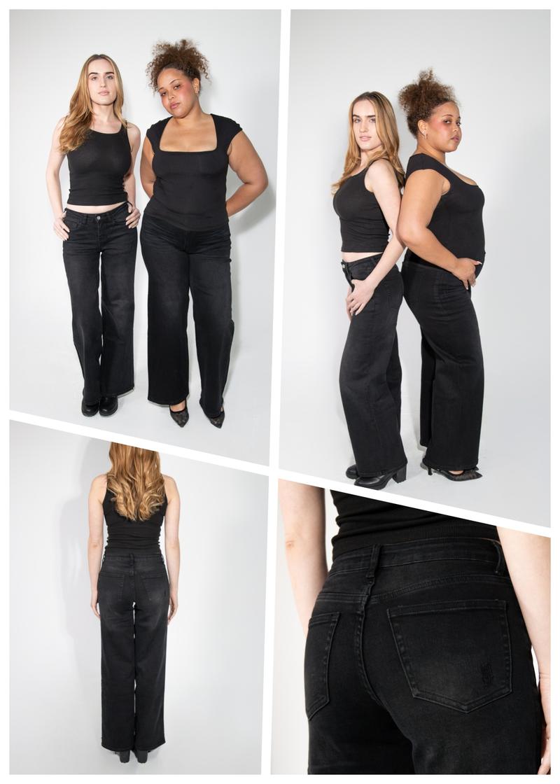 Magic ONESO Mid-low Rise Baggy Jeans Stretchy Wide Leg for Women Distressed Pants Womenswear Bottom 8001 Lady Basic Minimalist Comfortable Denim Tummy Control Curve Hugging Plus Size Regular Size BBL