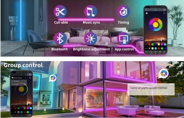 200FT 100FT 50FT Smart Led Strip Lights RGB Color Changing Time Setting Music Sync Strip Lights with both App and Remote Control for Bedroom Indoor Lighting, for Christmas Gifts