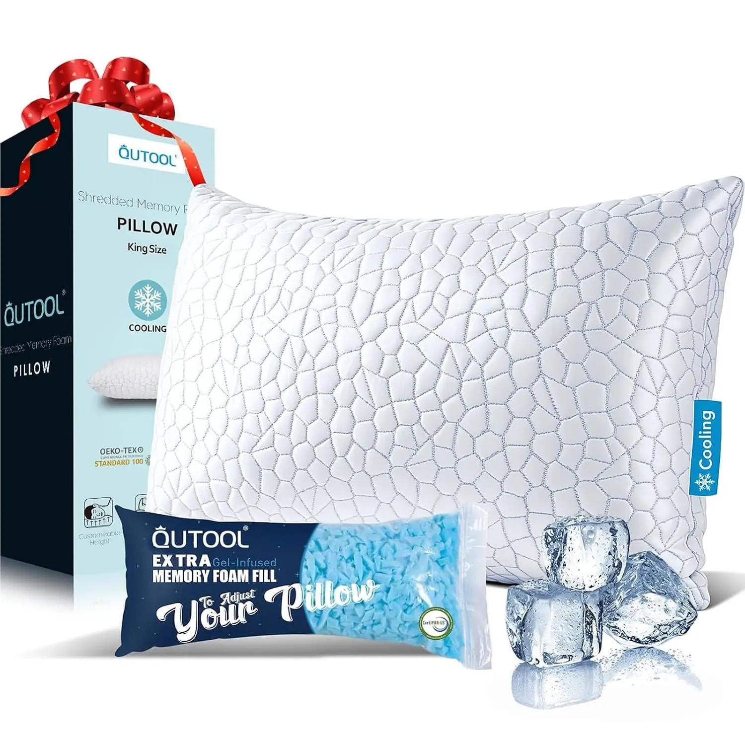 【Summer Pick】QUTOOL Cooling Bed Pillow for Sleeping, Cool Pillow Adjustable Shredded Memory Foam Cold Gel Pillow for Side Back Stomach Sleepers with Washable Removable Cover, Decor Bedroom Accessories, Home Decor, Deep Sleep Gifts, Summerwins