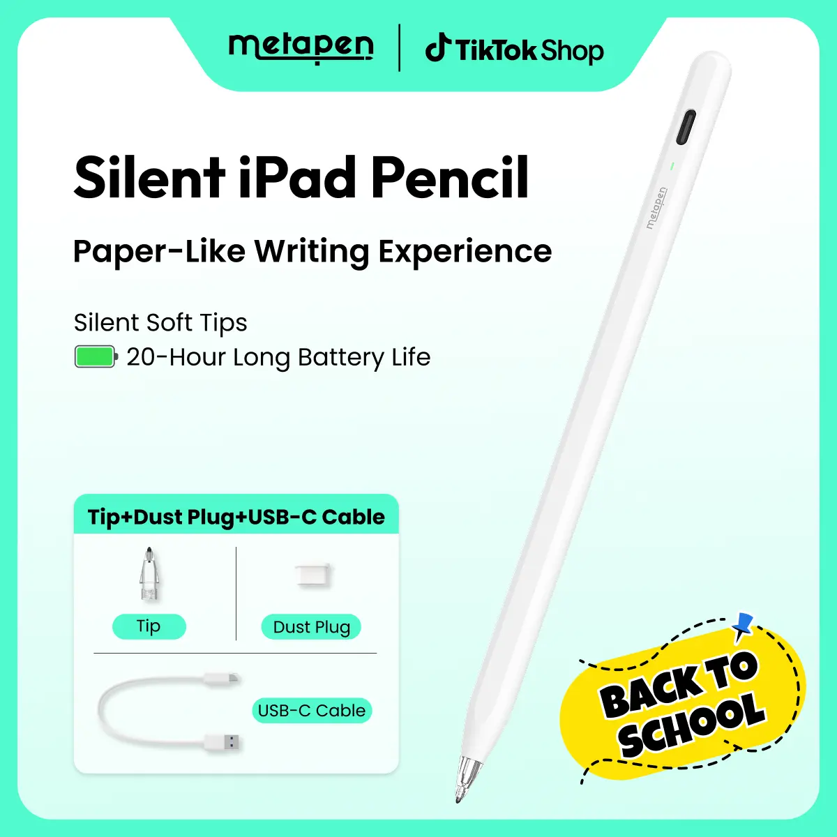 Metapen Pencil Air8 Pro for iPad 2018-2026, Ultra-Quiet, 2X Fast Charging, Palm Rejection Stylus Pen for iPad a16/11/10/9/8/7/6th Gen, Pro 12.9/11/13-inch M4, Air 3/4/5/M2/M3/M4, Mini 5/6th