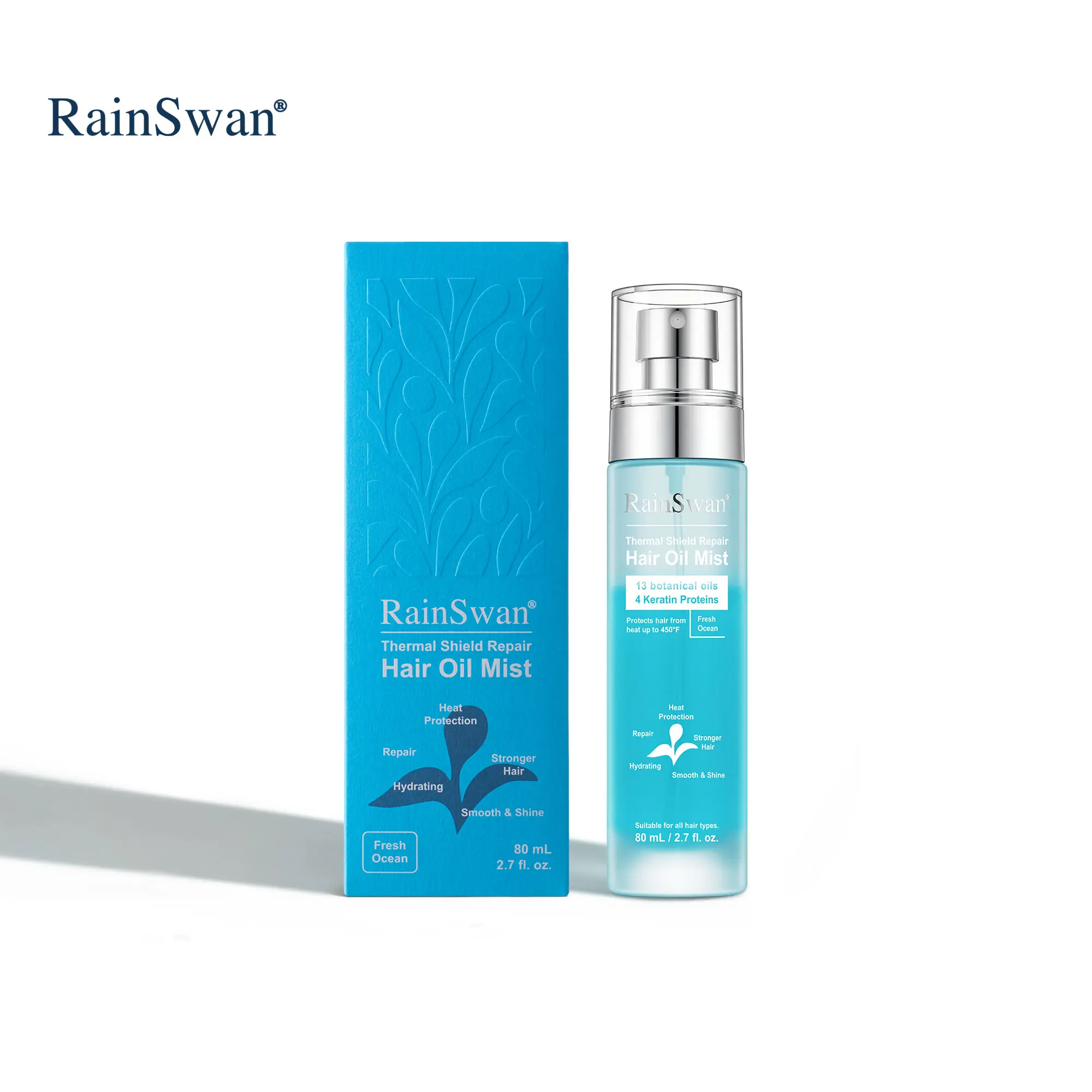 RAINSWAN Bi-Phase Hair Oil Mist with Keratin for Bond Repair & Strengthening, 450°F Heat Protectant, Anti-Frizz Spray with Argan Oil for Silky Glass Hair, Fresh Ocean Scent, 2.7 fl. oz.