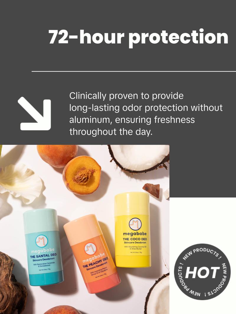 Megababe Scent-sational Deo Trio - 3 Skincare Deodorants with 72 Hour odor protections | The Santal Deo, The Coco Deo, The Peachy Deo