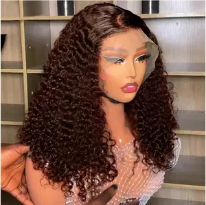 4# Chocolate Brown Curly Wave Bob Wig Human Hair  13x4 Hd Curly Lace Front Wigs Human Hair 180% Density 4# Colored Pre Plucked Human Hair Wig Short Bob Wigs For Black Women 14 Inch