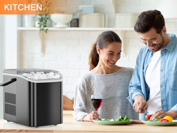 SweetFurniture Countertop Ice Maker Machine, Basket and Handle, 9 Cubes in 6 Mins, 26.5lbs/24Hrs, 2 Sizes of Bullet Kitchen Utensils