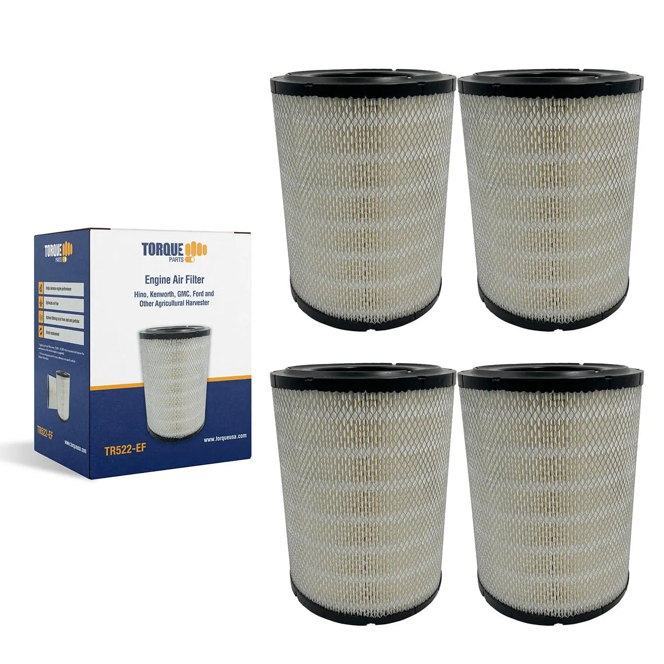 TORQUE 4-Pack Engine Air Filter for Select Semi-Trucks, Replaces RS2863 AF25220 LAF1878 1619027C1 6433 88433 PA2863 CA7139 20188124 DN 3I1550 (TR522), Includes Manufacturer Specs, Dimensions, Lead Details