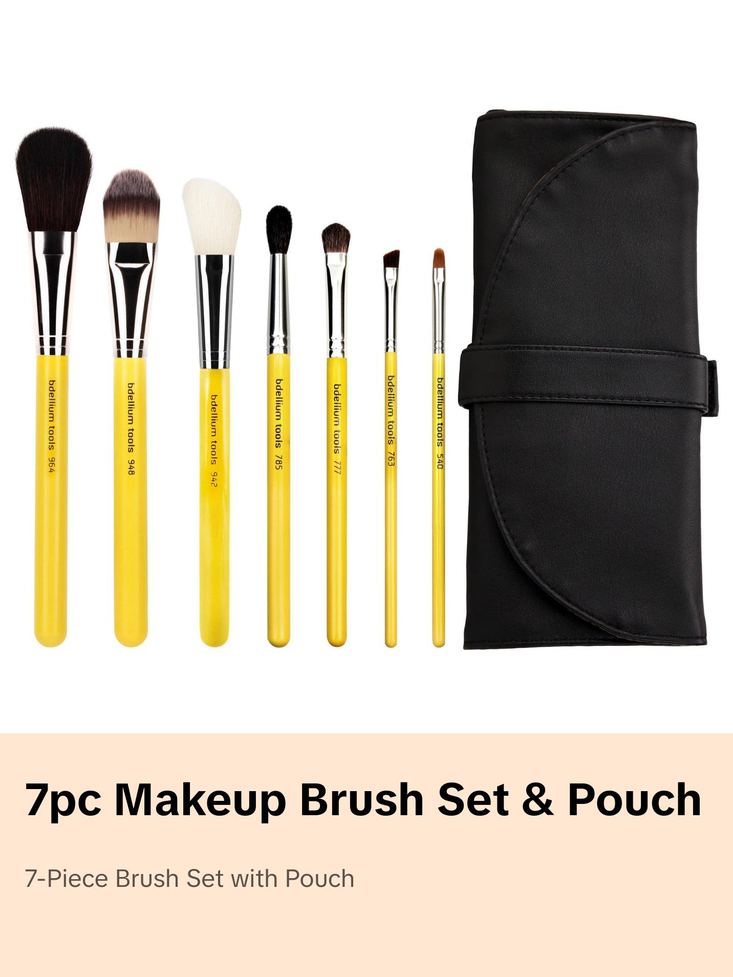 Bdellium Tools Studio Basic 7pc Brush Set with Roll-up Pouch - Includes 964S AP Blusher, 948S Foundation, 942S Slanted Contour, 785S Tapered Blending, 777S Shadow, 763S Angled Brow, 540S Precision Liner - Perfect for Flawless Makeup Application