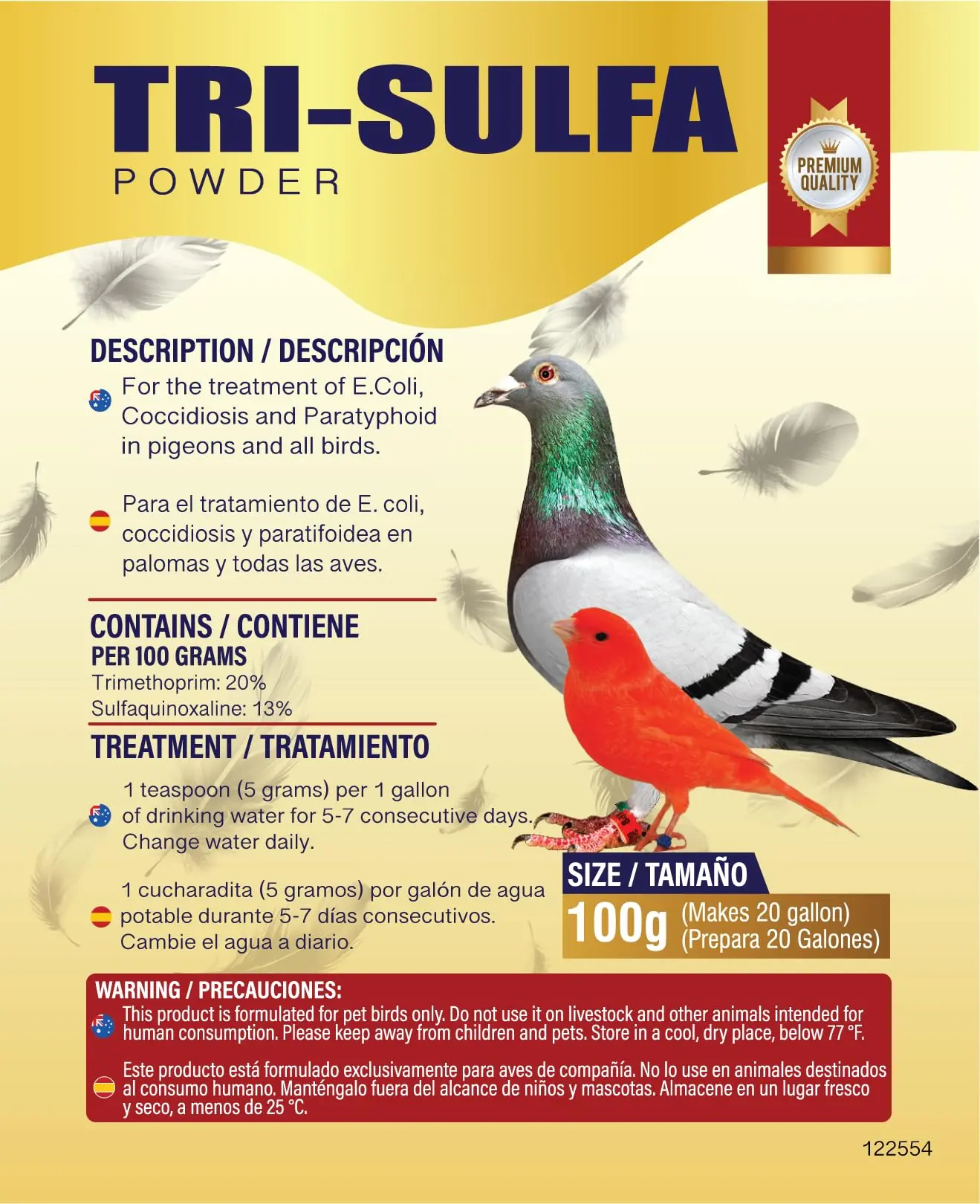 TRI-SULFA Bird Healthcare Supplement - 100g Powder, 100ml Liquid, or 100 Tablets for Pigeons and All Birds, 100 Ml Liquid