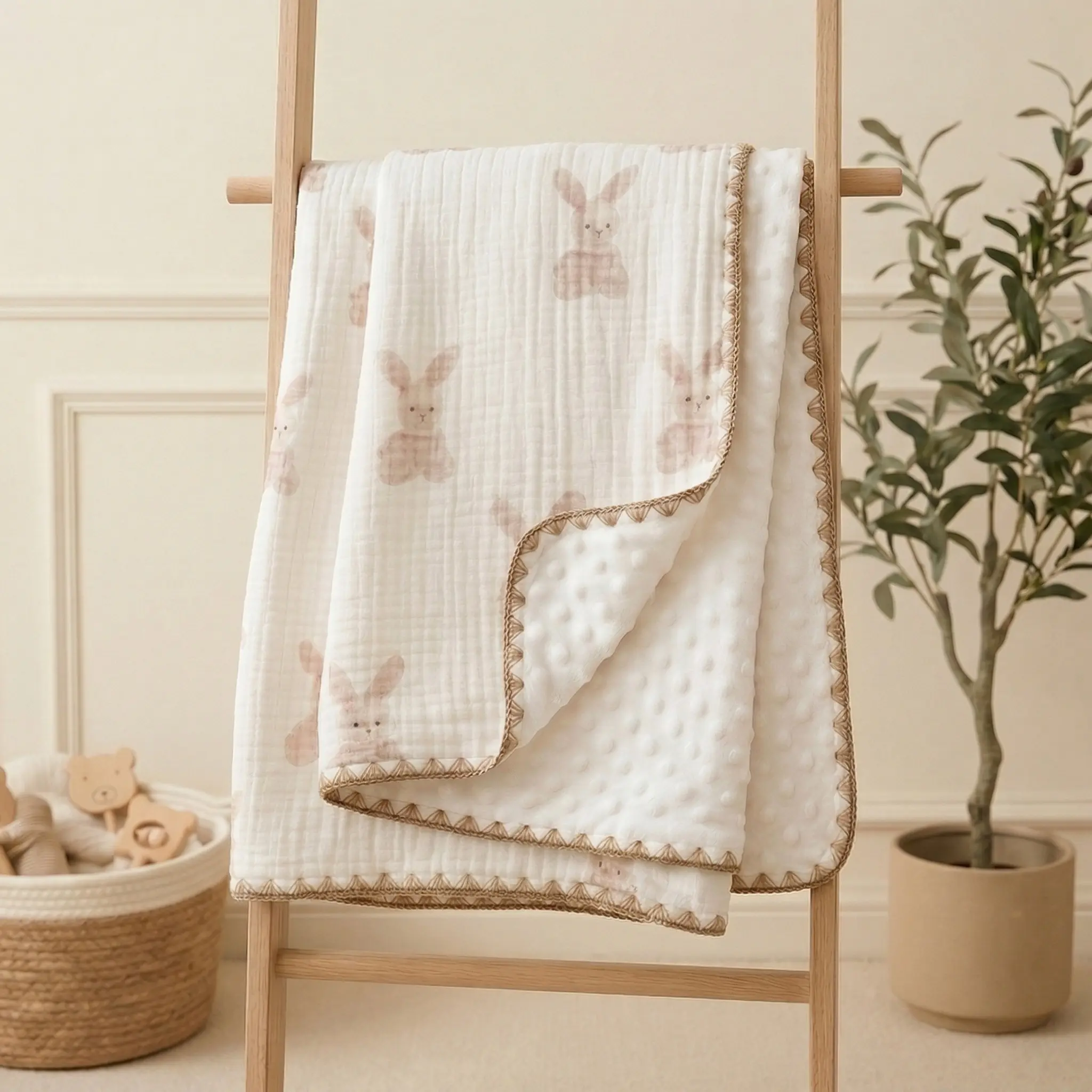 Unisex Reversible Animals & Dinosaur Themed Muslin/Cotton Baby Blanket - 3D Dots Minky Backing, 40x40 in Blankets & Throws for 0-3 Years Newborn Baby Stuff, Kid Bedding