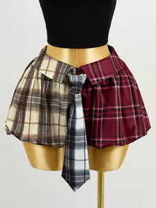 Everfans Y2K Patchwork Plaid Mini Skirt with Tie Detail, Preppy Punk Style ootd outfits