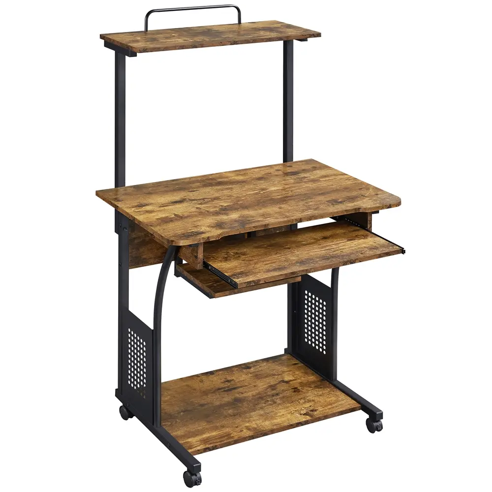 Costoffs Compact 3-Tier Rolling PC Table - Practical Desktop Stand, Computer Writing Desk, Portable Laptop Desk for WFH Setup, Sturdy Home Office Table with Rolling Base, Slide-Out Keyboard Tray, Printer Shelf for Small Spaces