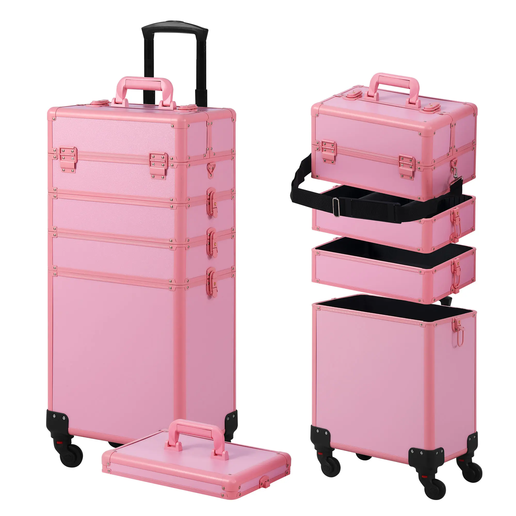 Somduy Makeup Train Case 5 in 1 Rolling, Cute Aesthetic Cosmetology storage Case on Wheels with Brake Caster Lockable, portable Travel Cosmetic Organizer for Salon Nail Tech Student, Salon Girl Gift