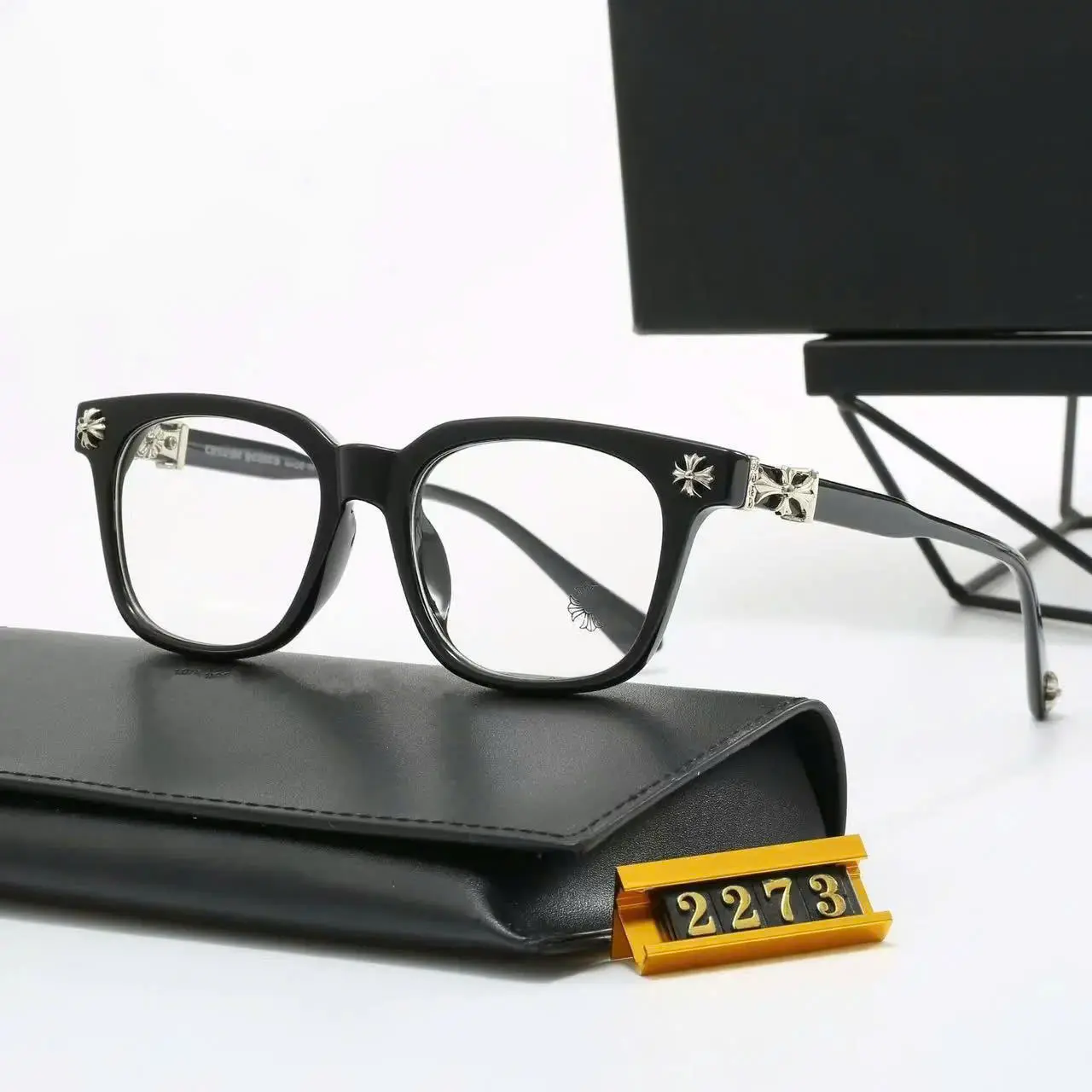 Bold Gothic Cross Square Eyeglass Frames for Men & Women, Black & Crystal Clear Optical Glasses, Retro Unisex Streetwear Fashion Eyewear with Full Gift Box & Leather Protective Case