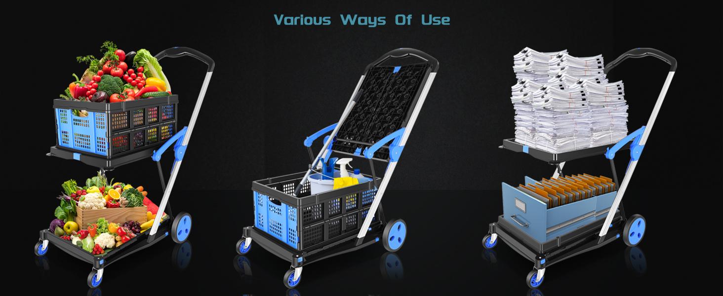 Collapsible Shopping Cart - 2-Tier Multi-Use Functional Portable Folding Food Cart with Wheels & Removable Basket Carries,2 baskets included, Adjustable Foldable rolling trolley for home, grocery, supermarket. Lightweight, BlackFriday