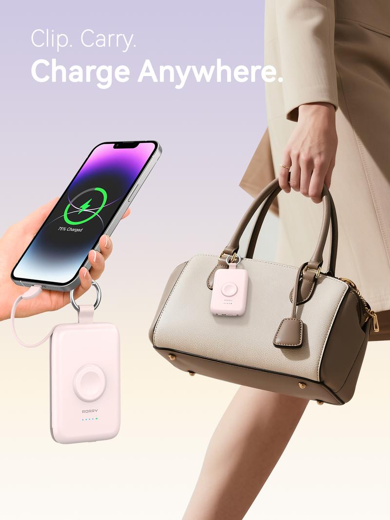 RORRY Portable Charger 10000mAh PD 20W Fast Charging Multifunctional Power Bank with Built-in Cables for Apple Watch & iPhone Compact Keychain Design Gift Idea Valentinesdaygift