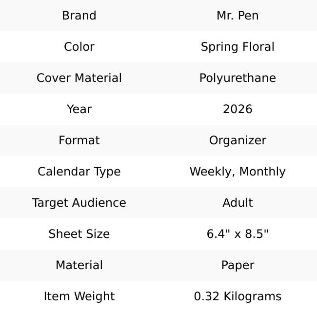 Mr. Pen - 2026 Planner, Spring Floral Design, Weekly & Monthly Calendar, Jan 2026 - Dec 2026, Hardcover, Spiral Bound, Inner Pocket, 6.4" x 8.5", Christmas Gift