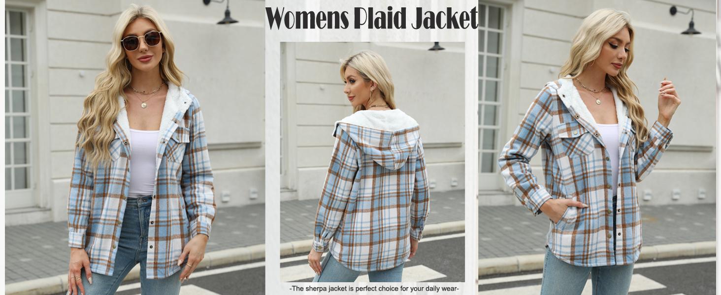 Womens Plaid Shacket Jacket Long Sleeve Button Down Fleece Hooded Jackets Warm Coat Halloween winter jacket