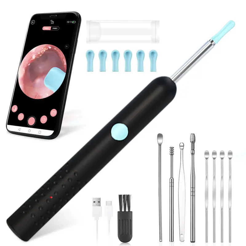 Smart 1080P HD Ear Camera Kit 9 Piece Set for iPhone & Androidh 6-9 Soft Silicone Spoons Rechargeable Battery Black Safe Wax Removal Tool with Crystal Clear View