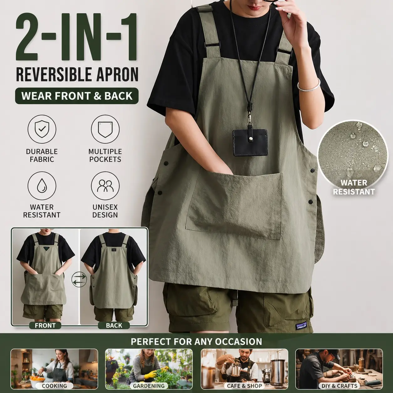 Unisex Reusable Waterproof Apron, Japanese Style Dual-Sided Kitchen Cooking Apron, Pocketed Workwear for Home & Coffee Shop, Cleaning Supplies, Waterproof Aprons for Dishwashing, Aprons with Pockets